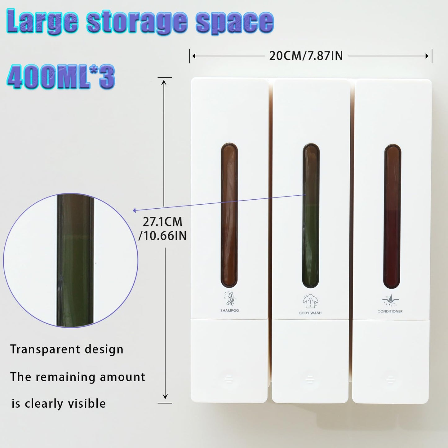 Shampoo and Conditioner Dispenser –Shampoo Dispenser for Shower, Shower Soap Dispenser Wall Mounted, Shower Dispenser 3 Chamber No Drill Body Wash Dispenser, Bathroom & Hotel Use, 1200ML, White