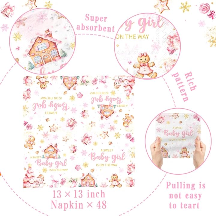 Christmas Gingerbread Baby Shower Napkins - Pink 48 Pack for Holiday Parties