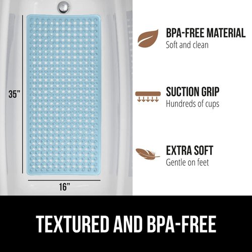 GORILLA GRIP Patented Bath Tub Shower Mat, 2 Pack, 35"x16" Washable Bathtub Floor Mats, Suction Cups and Drain Holes to Keep Tubs Clean, Blue