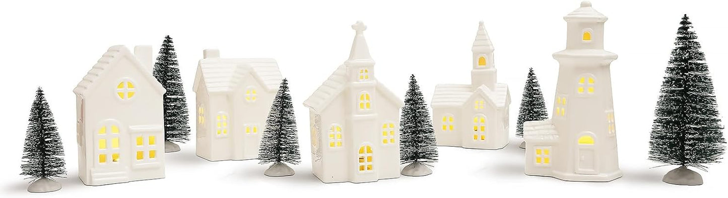 Skiennix 11 Pcs White Ceramic Christmas Village Houses - Light Up Xmas Town Decor with Timer