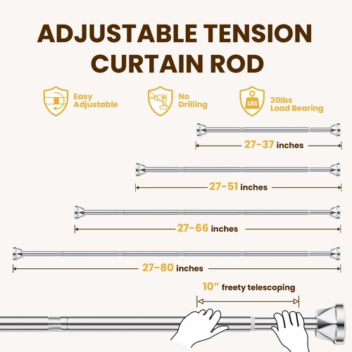 TITGIPE Shower Curtain Rod 27-80 Inches, No Drill Tension Curtain Rod, Adjustable Spring Tension Shower Rods for Bathroom, Kitchens, Windows, No Rust, Silver