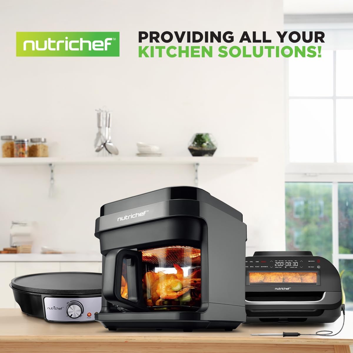 Nutrichef 5.8 Quart Air Fryer - 8-in-1 Preset Cooking Modes | Transparent Fry Bowl for Perfect Results | Grey
