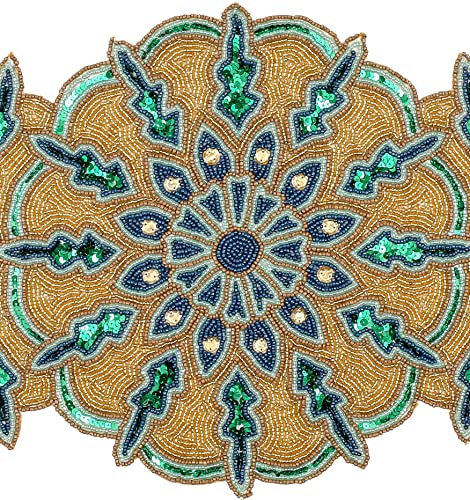 Hand Beaded Green Gold Glitz Table Runner 13x36 for Easter & Holidays - Homebia Designs