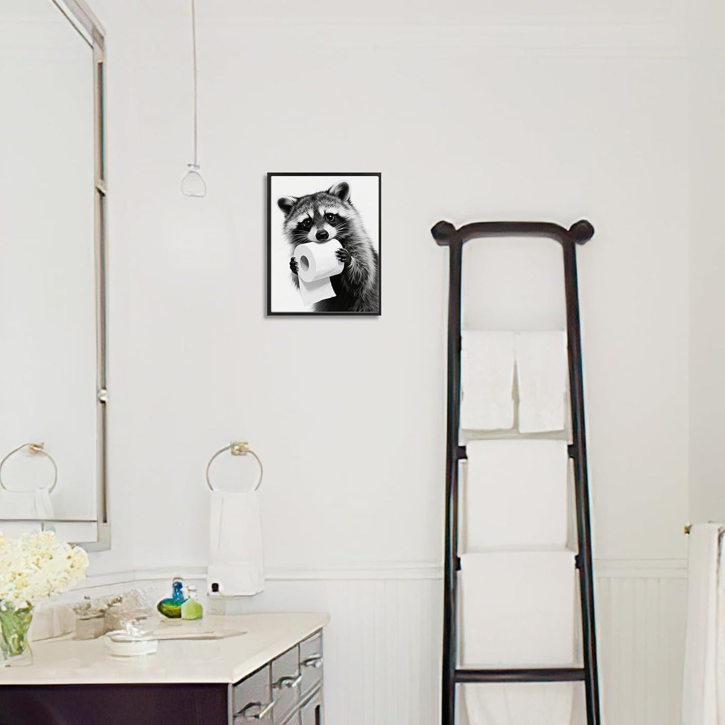 Pinetree Art Cute Raccoon Wall Decor - Framed Black and White Bathroom Art for Guest Restrooms
