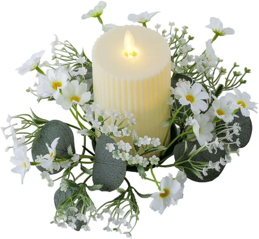 Skiennix Candle Rings - Artificial Daisy Flower Wreaths with Green Leaves | 3-Inch Diameter, White