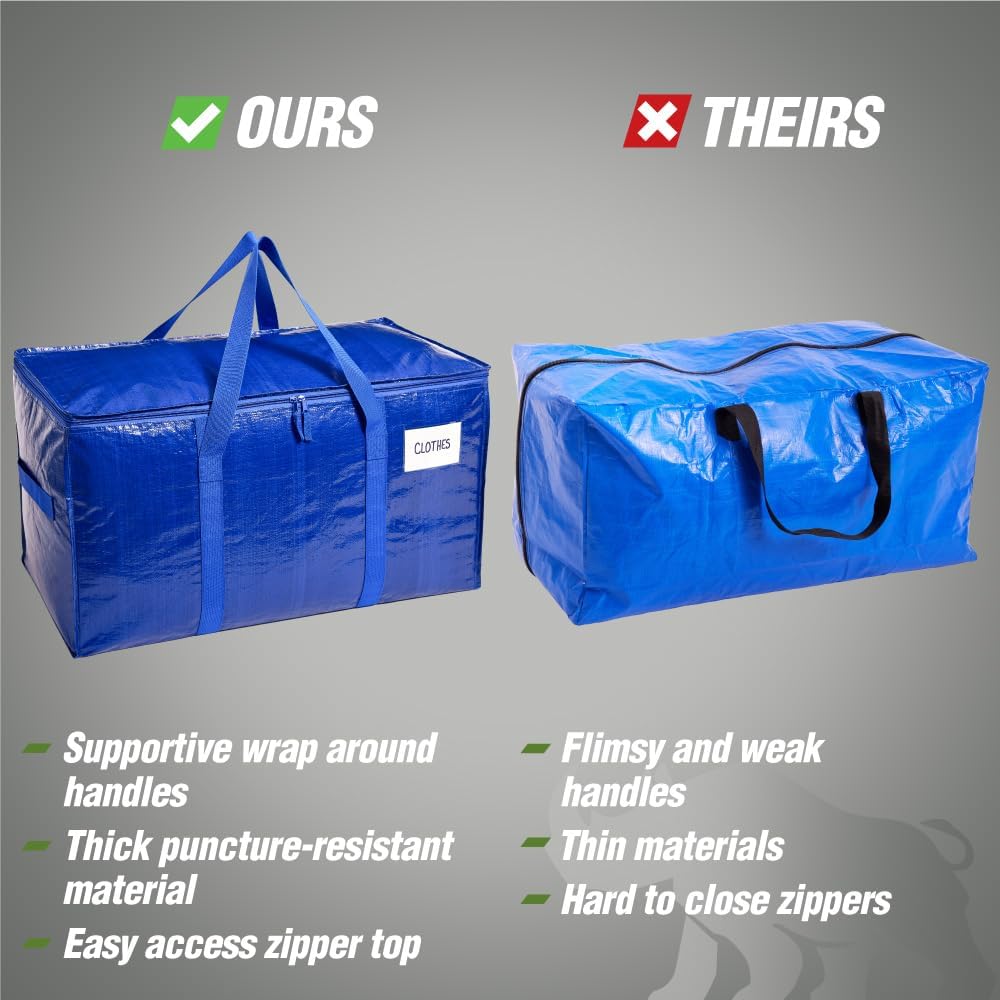 Rugged Rhino Heavy Duty Extra Large Moving Bags - Durable, Space-Saving Storage with Strong Handles & Zipper | Blue/Clear, 4 Pack