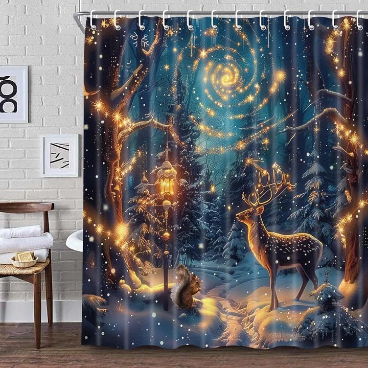 Christmas Shower Curtain Set 72x72 in with Hooks — Green Winter Reindeer Snowy Forest
