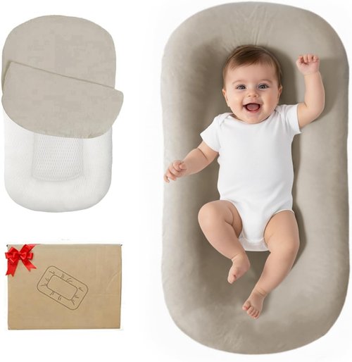 Lucakuins Infant Support Cushion - Soft Cotton Newborn Baby Support Mat for Home & Travel | 0-24 Months (Cream Gray)