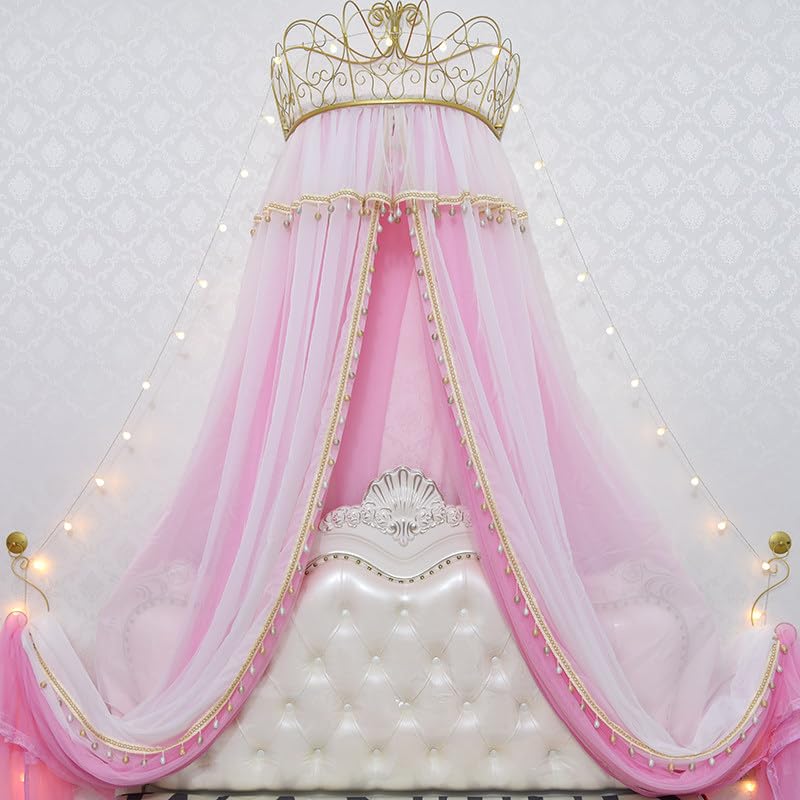 Girl Bed Curtain Princess Crown Room Decor Bedside Yarn Net Pink - Princess Tents & Canopy