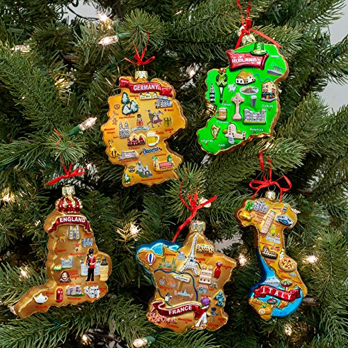France Map Glass Ornament with Landmarks - Holiday Decor, 4.75 Inch