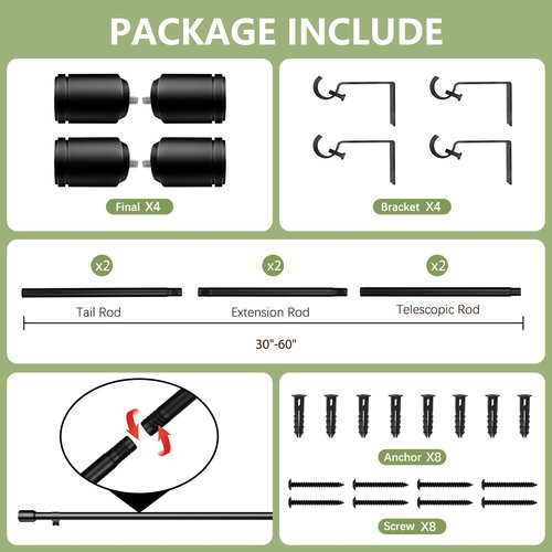 5/8” Diameter Curtain Rods 30-60 Inch, for 30-54 Inch Windows, Adjustable Splicing Black Curtain Rods for Windows with Brackets, Window Rod Long Small Curtains Rod, 2 Pack
