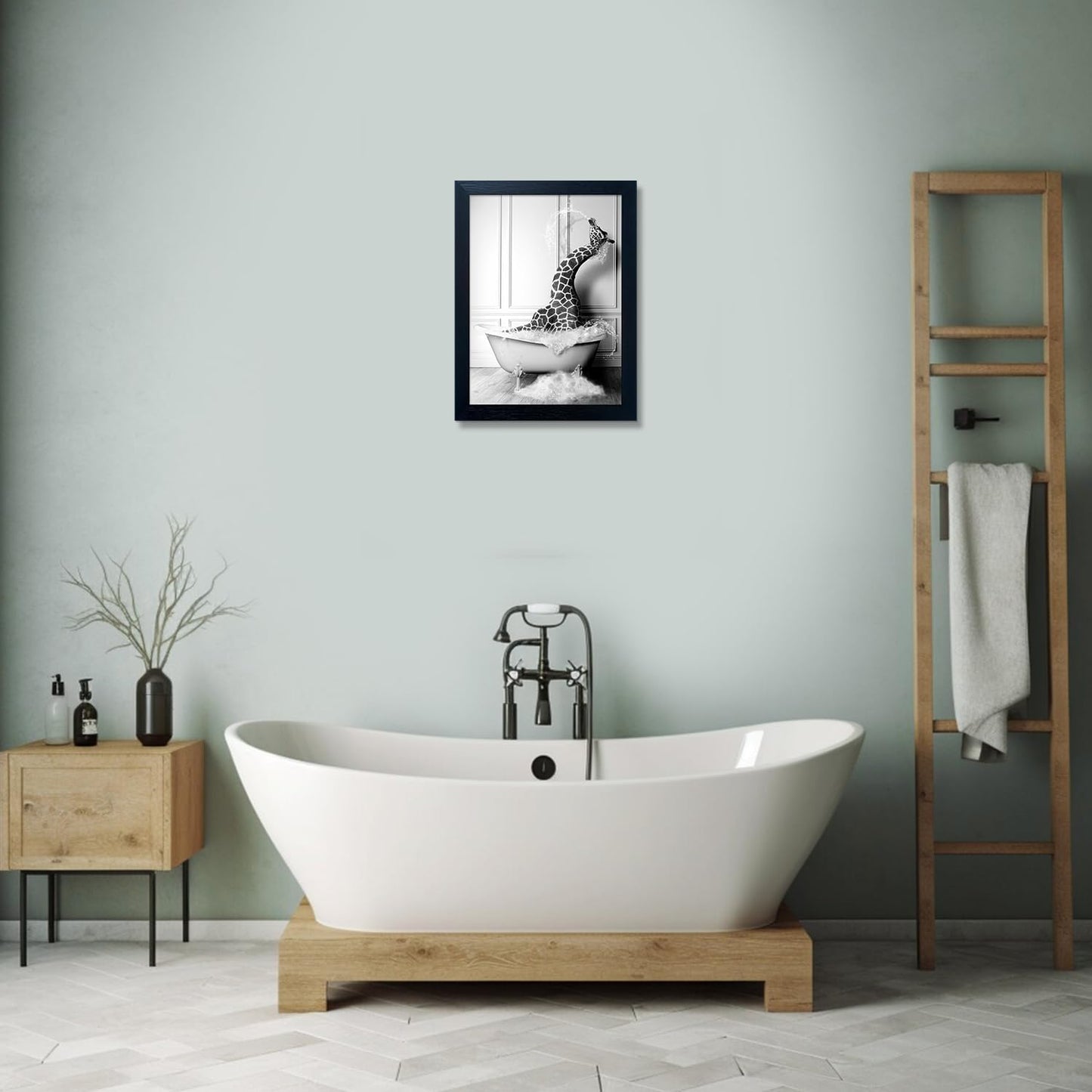 Skiennix Framed Animal Wall Art - Funny Giraffe in Bathtub Canvas Print | Black and White Farmhouse Decor for Kids' Bathroom
