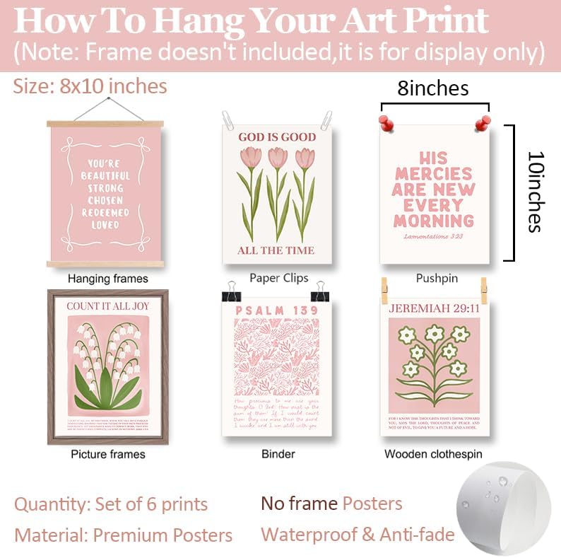 Regine Switzerland 6Pcs Pink Bible Verse Wall Art - Floral Scripture Quotes for Bedroom | 8x10 Inch Unframed
