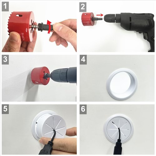 4 Pack TV Cord Hider for Wall Mounted TV, 2-3/8"(60mm Hole) Wire Hider in Wall Cable Management Kit, Includes 4 Pass Throughs and 1 Hole Saw Drill Attachment Easy to Install