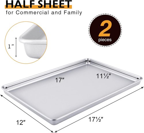 HONGBAKE Nonstick Half Baking Sheet Pan Set of 2 | Heavy Duty Cookie Trays - Dishwasher Safe, Silver