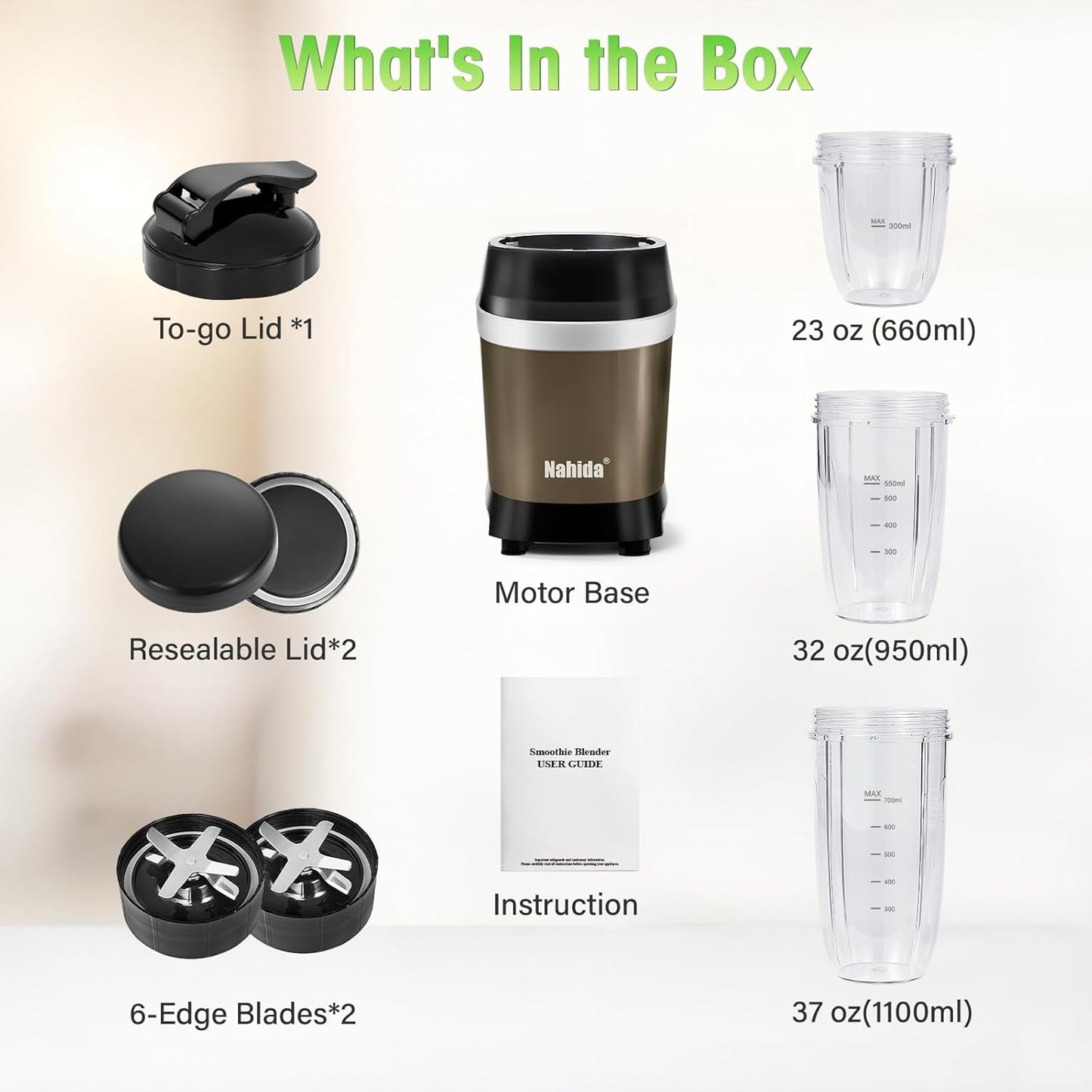 Nahida Blender - 1200W Smoothie Maker with 2 Six-Fin Blades & Easy Go Cups | Brown, 23oz, 32oz, 37oz