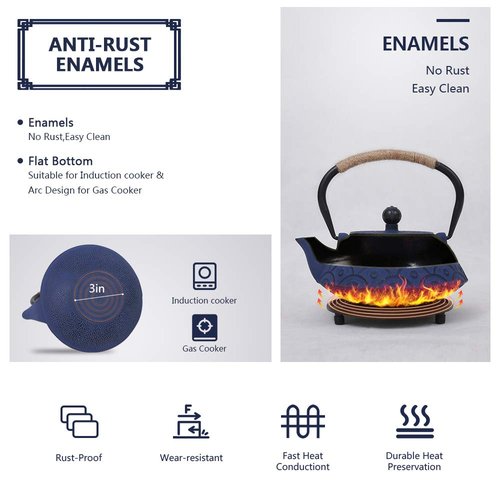 COOGOU Japanese Style Cast Iron Teapot Set with 4 Tea Cups Iron Tea Kettle with Infuser Hemp Rope Trivet Asian Gift for Adults Parents (Fish Scale Pattern, Blue,Anti Rust)