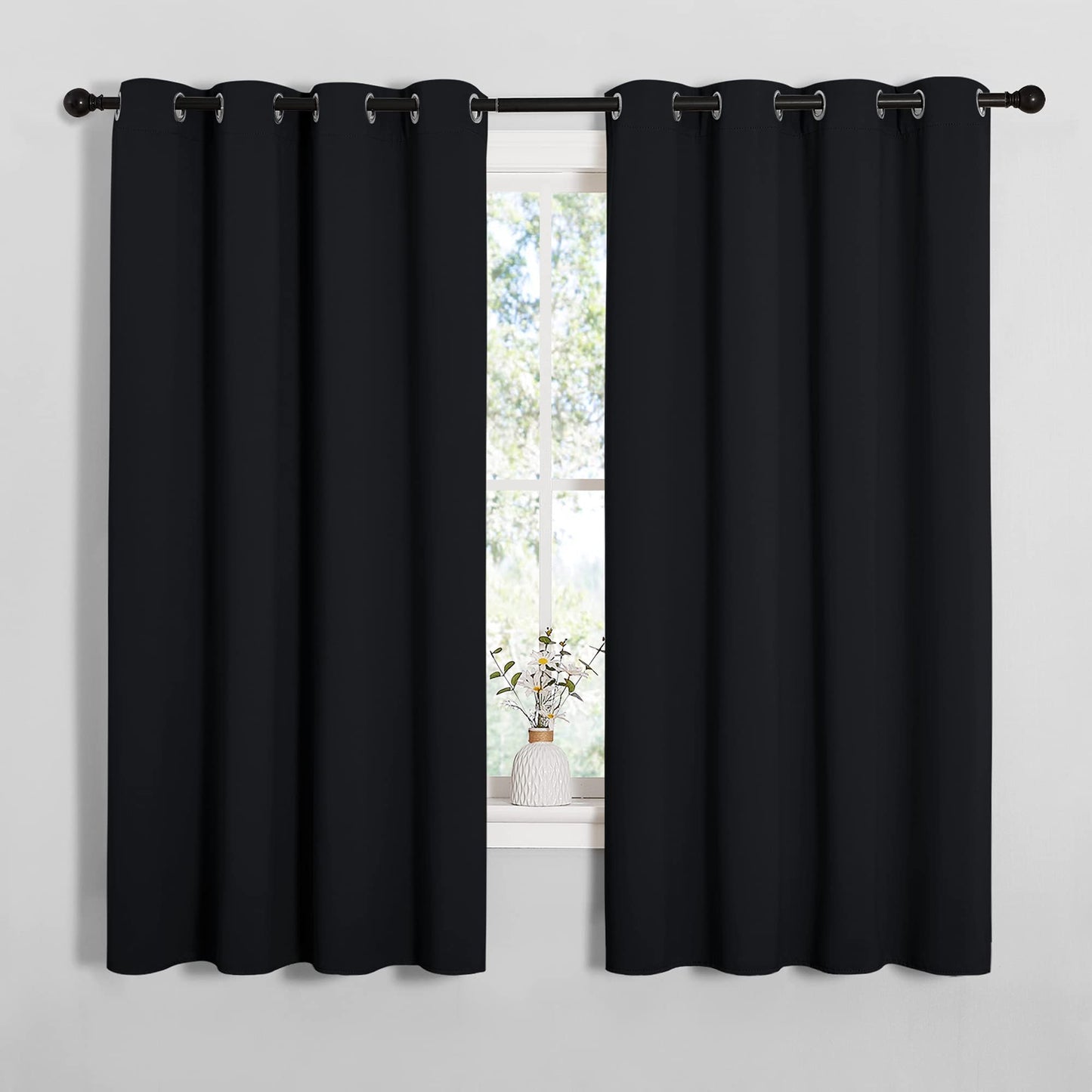 NICETOWN Bathroom Blackout Curtains and Drapes, Black Solid Thermal Insulated Grommet Blackout Drapery Panels for Window (2 Panels, 55 inches Wide by 68 inches Long, Black)