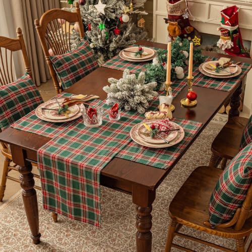Christmas Checkered Tartan Table Runner - Green, 13 x 70 Inches - 2 Pack
