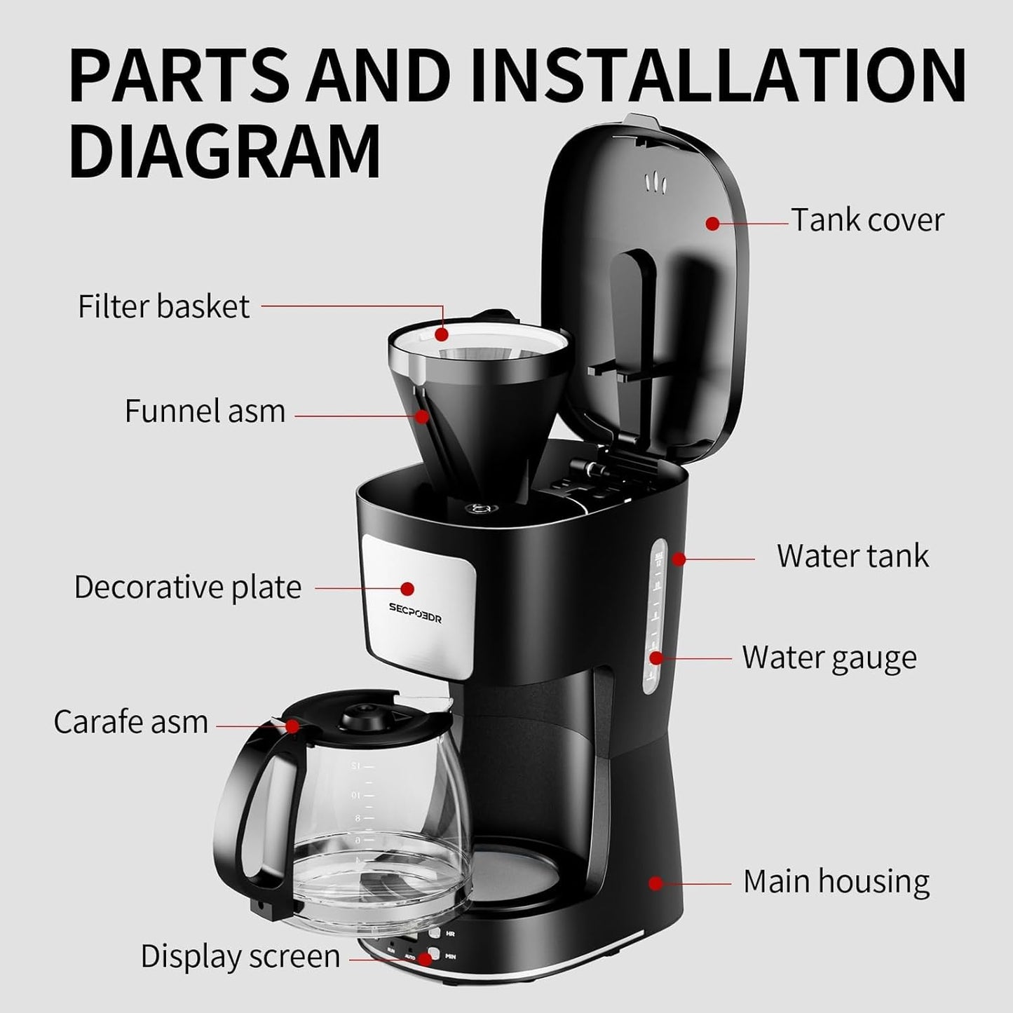 Skiennix 12-Cup Drip Coffee Maker - Programmable, Reusable Filter, Compact Design | Silver & Black