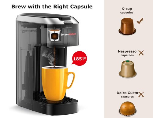 Bonsenkitchen Single Serve Coffee Maker, Coffee Brewer for K Cup Capsule, Fast Brewing Coffee Machine, Space Saving Design, 6 to 14oz Brew Size, Fits 6.6" Travel Mugs, Silver
