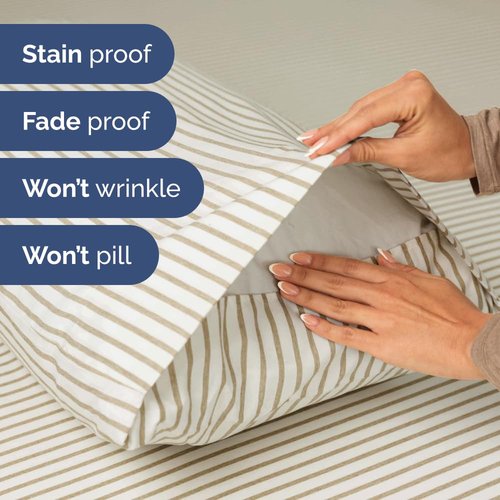 Extra Deep Cal King Sheet Set - 6 Piece Breathable and Cooling Sheets - Hotel Luxury Bedding for Women, Men, Kids & Teens - Easy Secure Fit - Soft & Wrinkle Free - Extra Deep Pockets - Beige Stripes