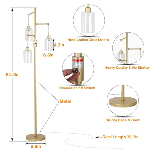 Airposta Gold Floor Lamps for Living Room, Dimmable Floor Lamp with 3 Glass Shades, Modern Mid-Century Standing Lamp for Bedroom, Farmhouse Tall Lamp for Office Reading Home Decor