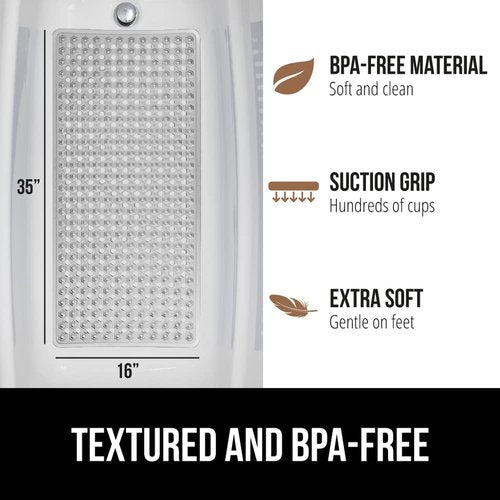 GORILLA GRIP Patented Bath Tub Shower Mat, 2 Pack, 35"x16" Washable Bathtub Floor Mats, Suction Cups and Drain Holes to Keep Tubs Clean, Gray
