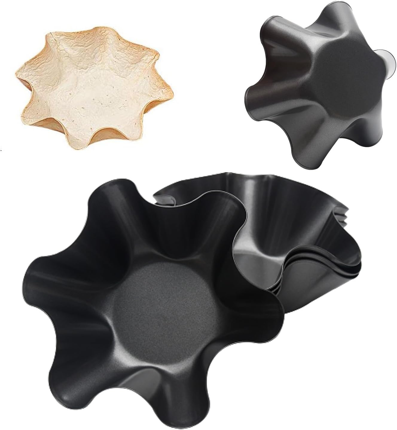 Skiennix Tortilla Pan Set - 4-Piece Non-Stick Carbon Steel Taco Shell Makers | Flower-Shaped Design (Black)