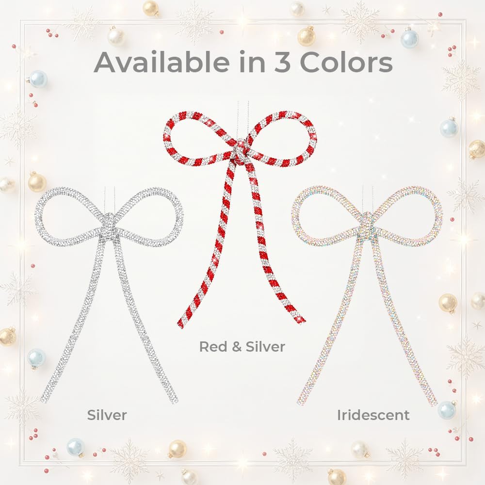 Regine Switzerland Handmade Rhinestone Christmas Bow Ornaments - Glitter Candy Cane Design | Red & Silver, Small, Reusable Holiday Décor