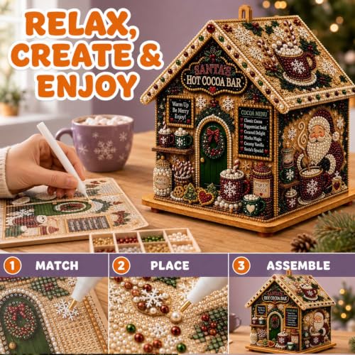 Christmas Wooden House Diamond Art Kit 3D Pearl & Rhinestone Decor - 2PCS