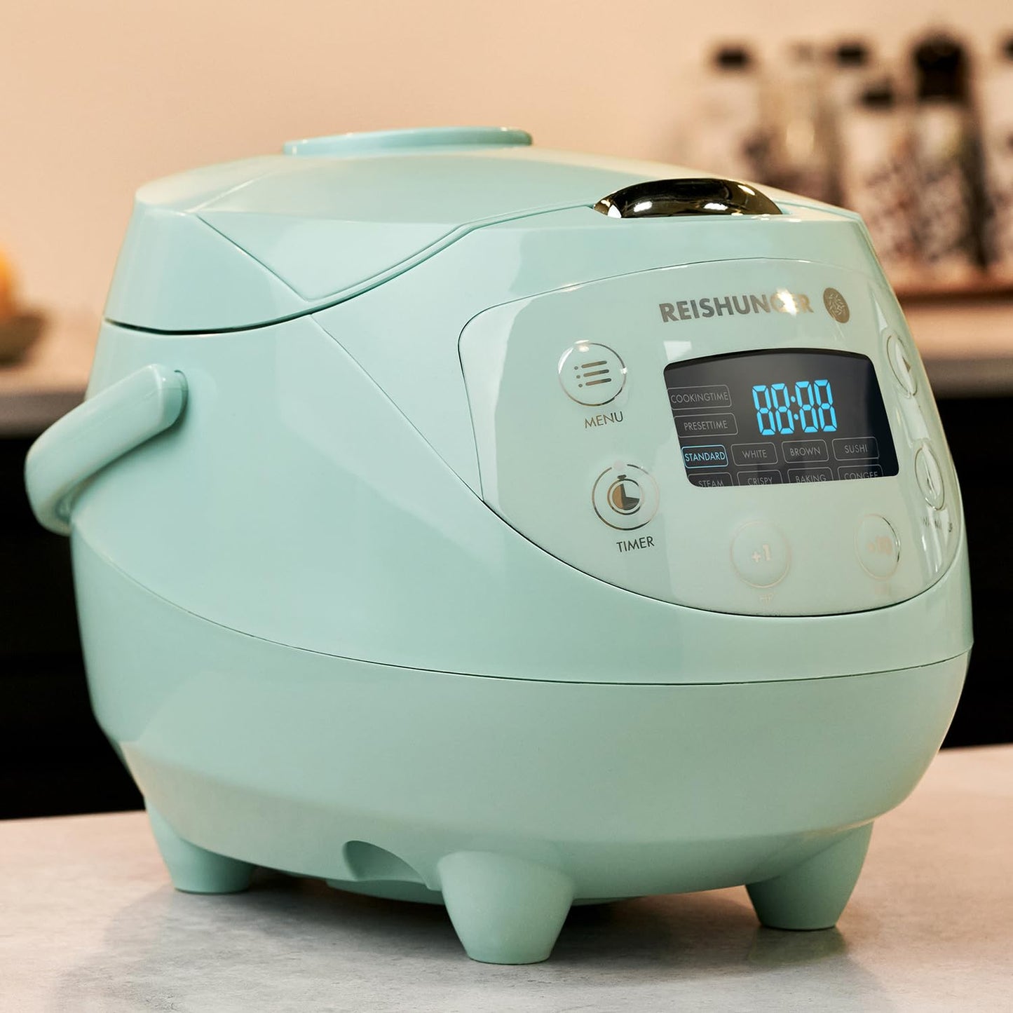 Reishunger Digital Mini Rice Cooker & Steamer, Mint with Keep-Warm Function & Timer - 3.5 Cups - Small Rice Cooker Japanese Style with Ceramic Inner Pot - 8 Programs - 1-3 People