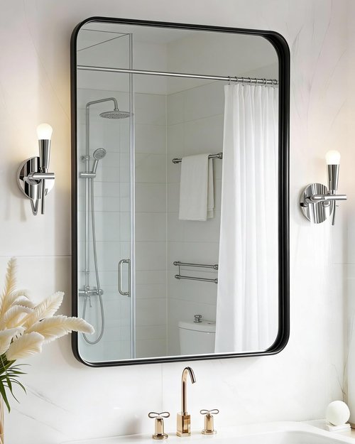 DMWOODFL 36"x24" Wall Mounted Bathroom Vanity Mirror, Rounded Rectangle Matte Black Metal Frame Mirror, Anti-Rust Tempered Glass, Horizontal Vertical Hanging Modern Farmhouse Mirror for Bathroom