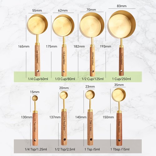 8 Pcs Golden Stainless Steel Measuring Cups and Spoons Set,Wooden Handle Baking Tools with US Measurements,Measuring Cups for Cooking, Baking, Dry & Liquid-Kitchen Baking Supplies