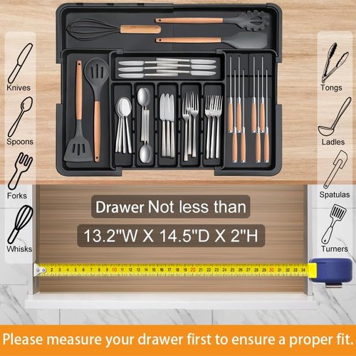 Homecor Silverware Organizer - Expandable Kitchen Drawer Utensil Tray with 2 Removable Knife Blocks | 22"x19" (Black)