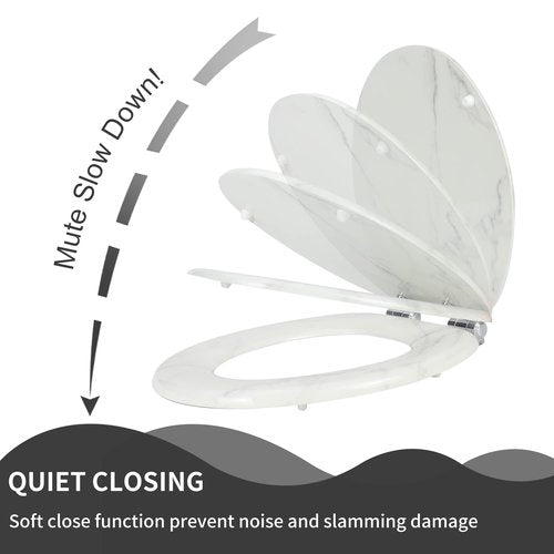 Angel Shield Marble Toilet Seat Durable Molded Wood with Quiet Close,Easy Clean,Quick-Release Hinges (Round,White Marble)