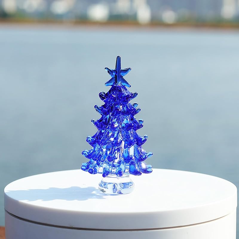 Blue Hand Blown Glass Christmas Tree Figurine - 1.38in Glass Ornament, Variation: Blue