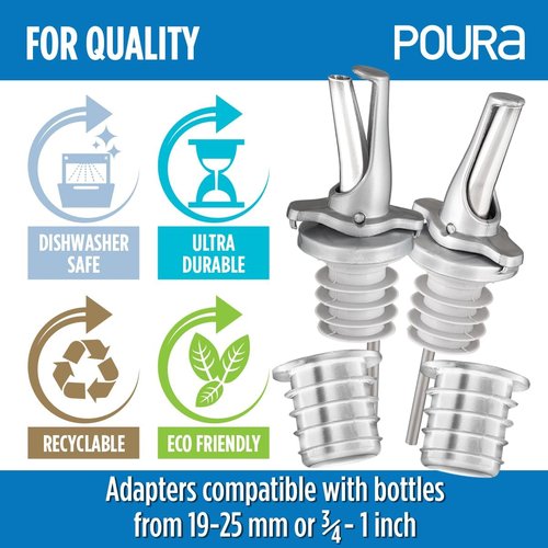 3-in-1 Liquor Bottle Pour Spouts with Built-in Fruit Fly Protection - BPA Free & Dishwasher Safe Hygienic Alcohol Pour Spouts - Also for Olive Oil - Silver 2 Pack with 2 Adapters for Large Bottles