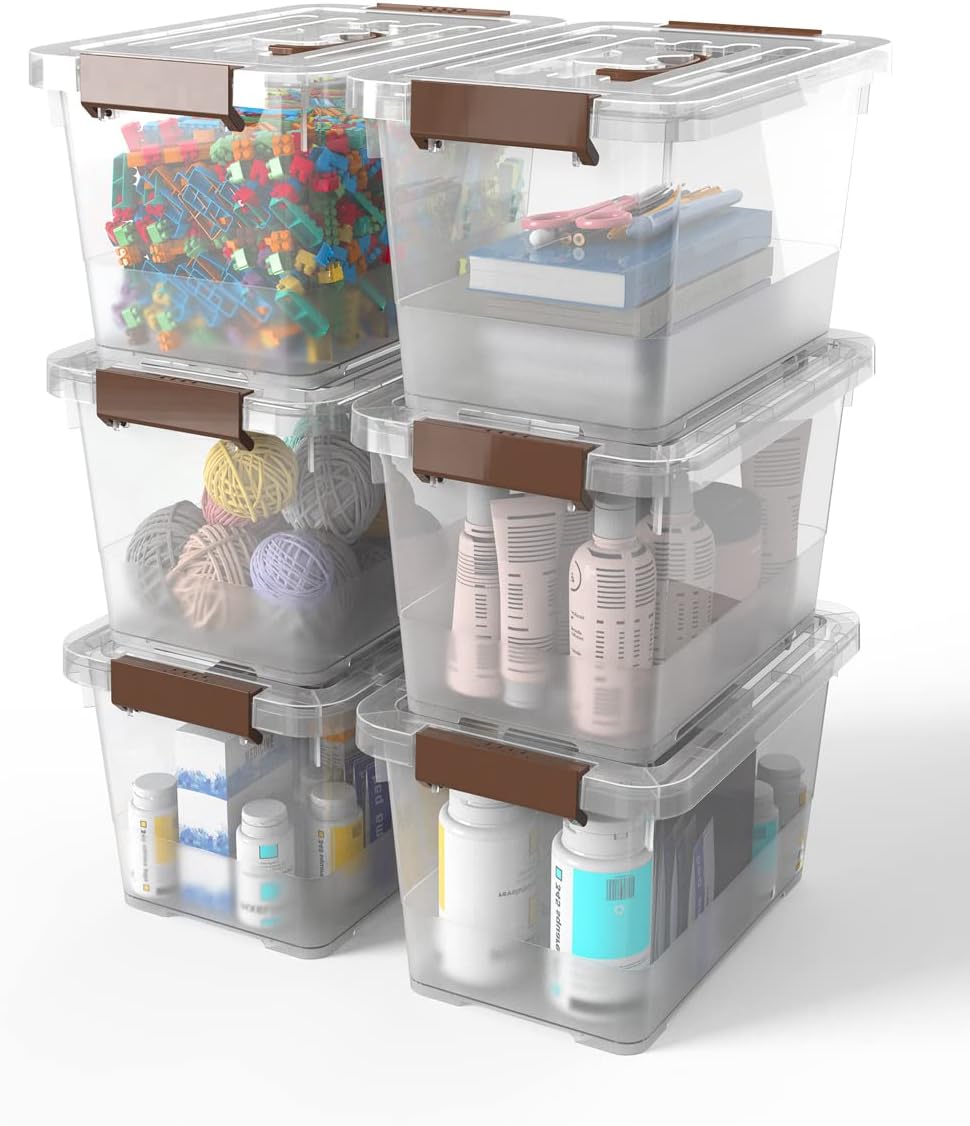 WYT 7 Quart Clear Storage Latch Box - Stackable Plastic Bins with Brown Handle & Lid | Multi-Purpose 6-Pack