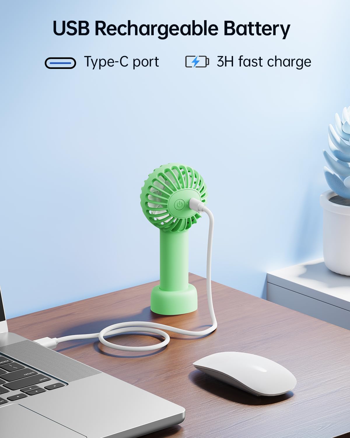 Sweetfull Mini Portable Fan - Rechargeable Handheld Fan with 3 Speeds | Cute Green Design for Travel & Makeup