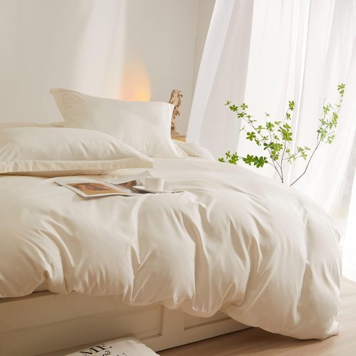 AMWAN Queen Size Duvet Cover Set - Soft Washed Microfiber in Cream White with Zipper Closure | 90”x90” + 2 Pillowcases