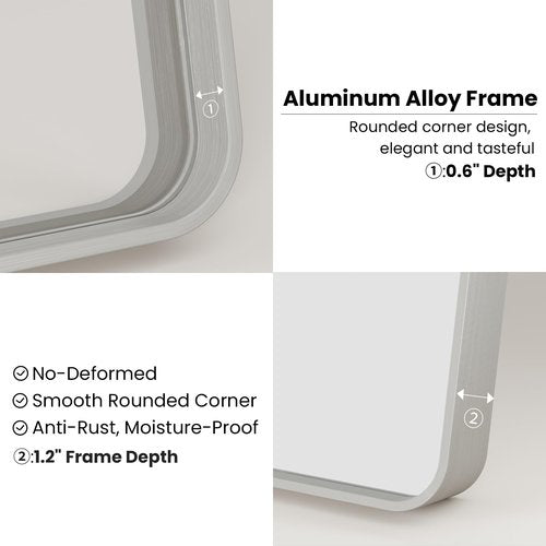 JISOSO Brushed Nickel Bathroom Mirror 20x30 Inch – Round Rectangle Vanity Mirror, Anti-Rust Tempered Glass, Hangs Horizontally or Vertically, Ideal for Bathroom or Powder Room