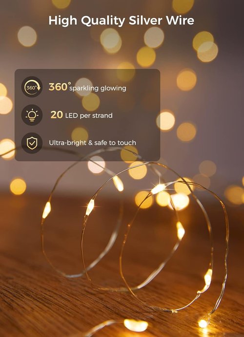 Brightown LED Fairy Lights - 12 Pack Waterproof Silver Wire String Lights | 7 Feet, 20 LEDs for Weddings & Parties
