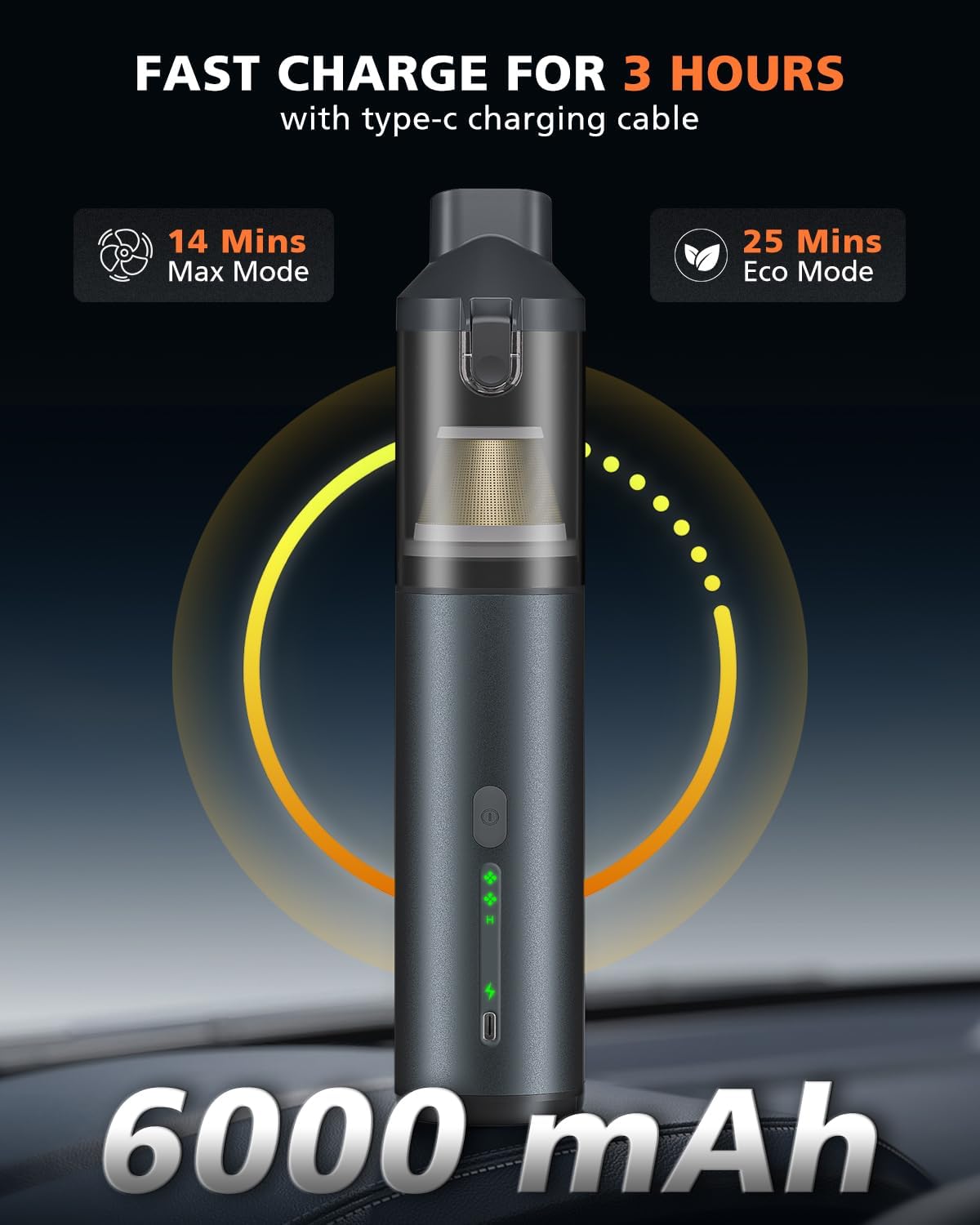 Skiennix Portable Car Vacuum - 16000Pa Powerful Suction | Cordless Rechargeable 4-in-1 Cleaner (Grey)
