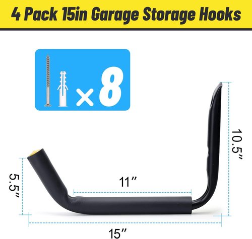 GEEDAR Heavy Duty Garage Storage Hooks - Thickened Steel, 120 LB Capacity, 4-Pack for Kayaks, Ladders & Bikes
