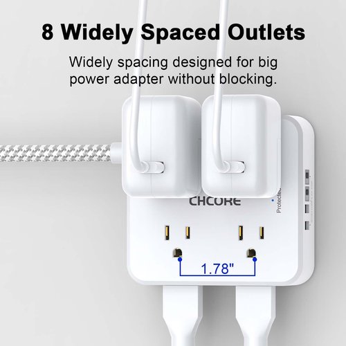 Surge Protector Power Strip - CHCORE 6Ft Braided Extension Cord with 8 Outlets with 4 USB (2 USB C) Charging Ports, Flat Plug Multi Plug Outlet Extender Charging Station for Home Office, ETL, White