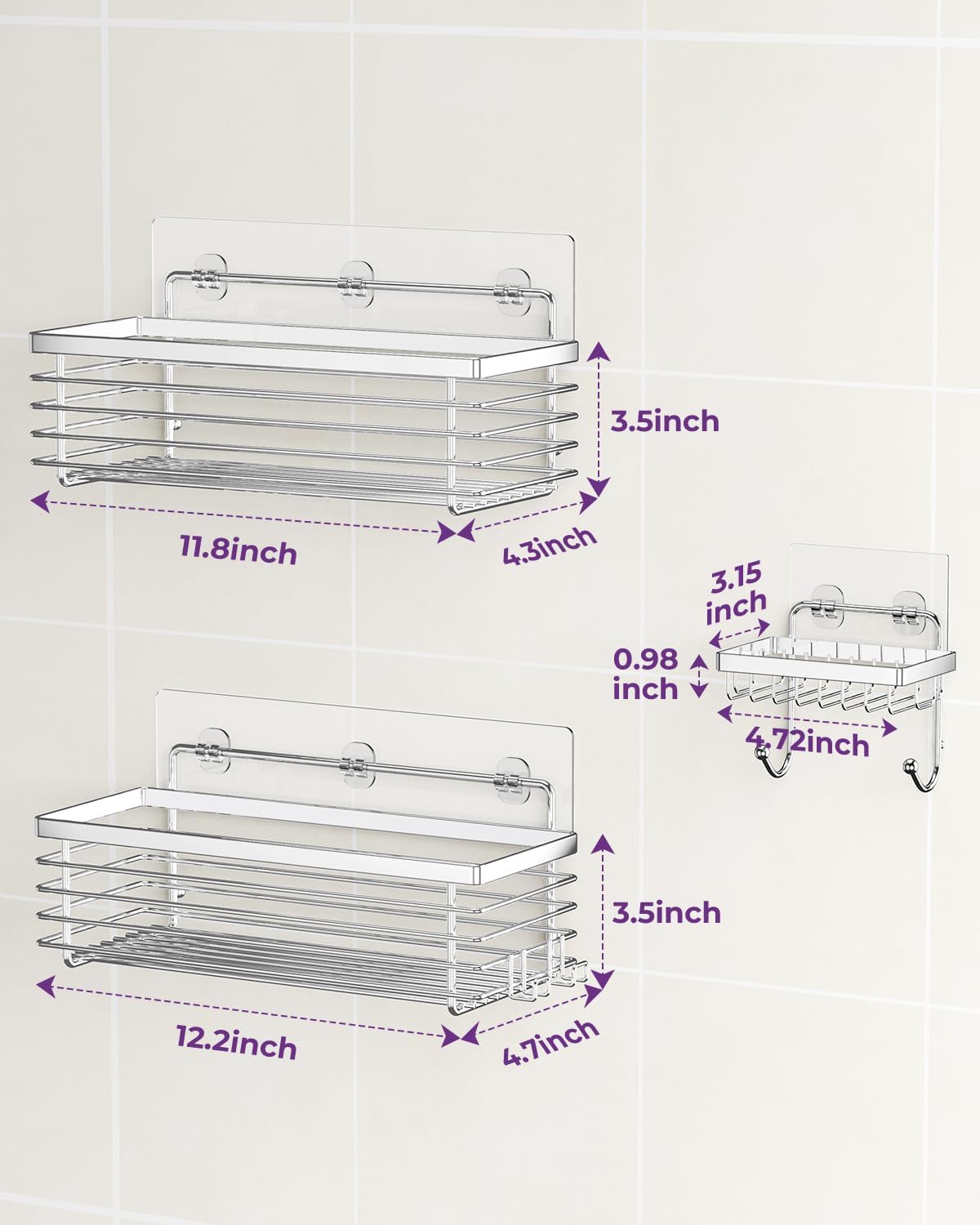 ODesign Shower Caddy - 3 Pack Stainless Steel Wall-Mounted Shelves | No Drilling, Rustproof, Silver