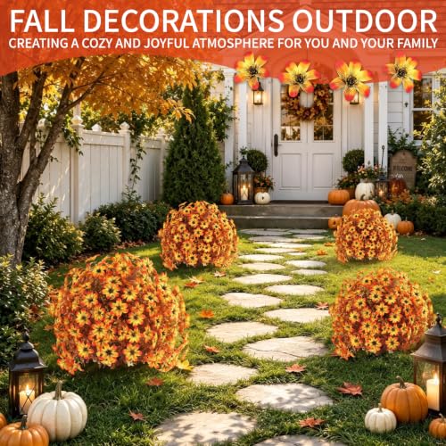 Artificial Fall Mums Topiary Ball Tree with Ground Spike - Orange