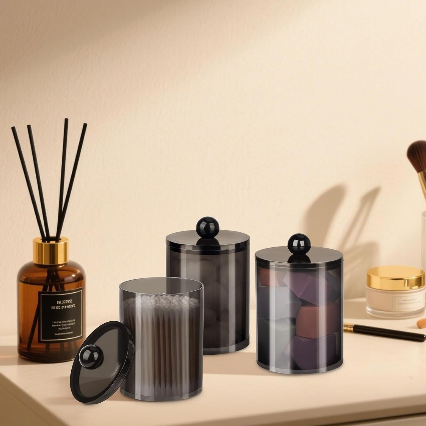 XIPENGKEJI Qtip Holder Set - Stylish Apothecary Jars with Lids for Cotton Swabs & Pads | 10oz-12oz Black