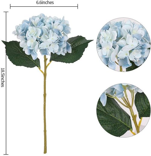 Kisflower Blue Hydrangea Flowers - 6pcs Faux Silk Hydrangeas for Home & Wedding Decor